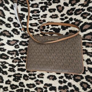 Michael Kors Brown Logo Slim Crossbody with Tan Trim